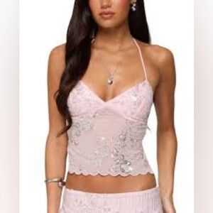 Brand tag missing. Backless Beaded pink Sequin Chiffon Top women’s size Small